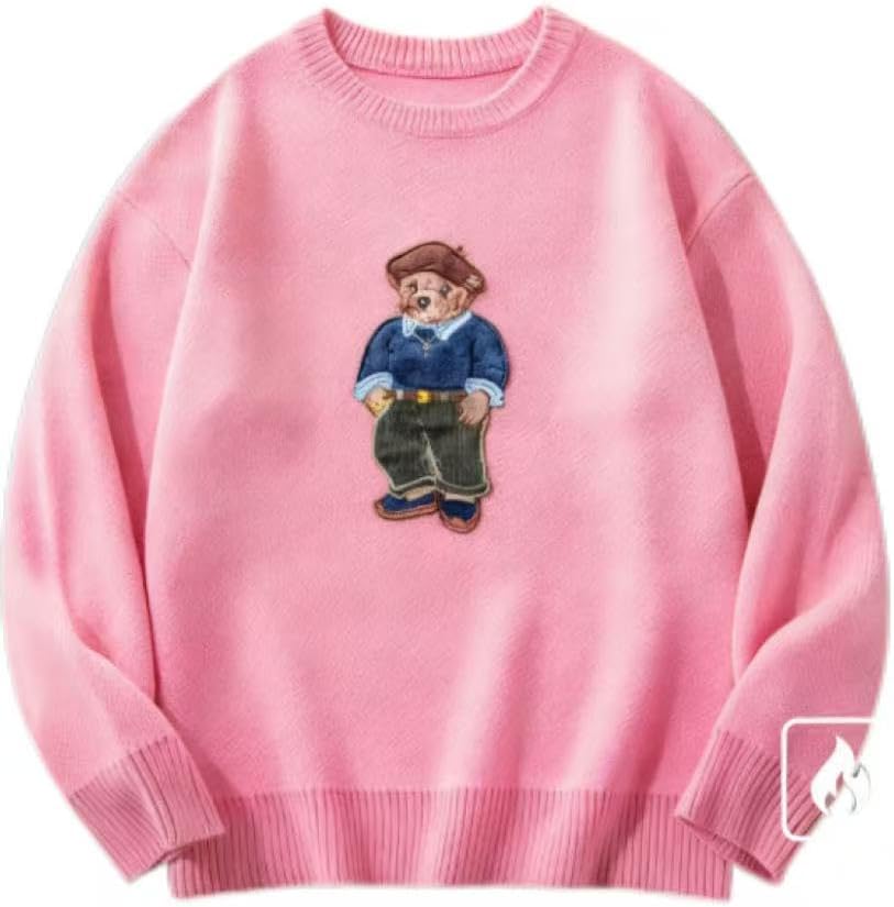 Teddy Bear Embroidered Sweater, Fleece Lined Crewneck Pullover, Warm Winter Knit, Navy Blue, Green, Black