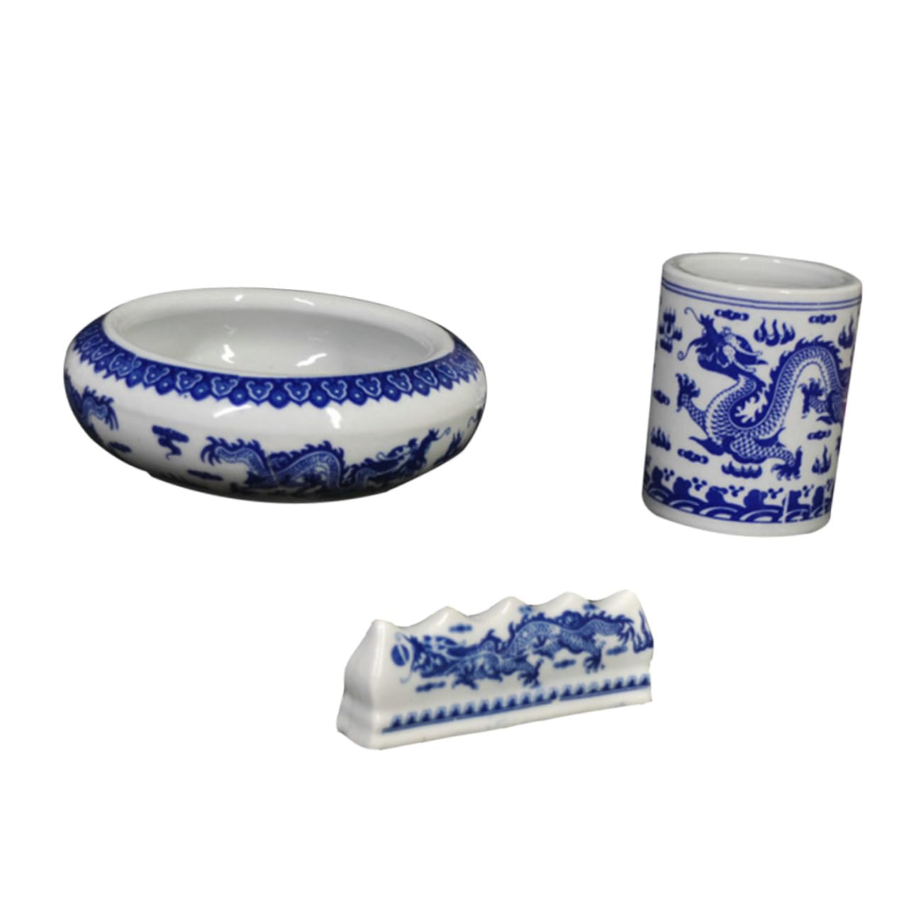 Ensemble Pot à Crayons Céramique Bleu et Blanc Petit, Bac à Laver Pinceaux Calligraphie Multifonction, Support Stylo Pinceau Cylindrique pour Bureau Artistique