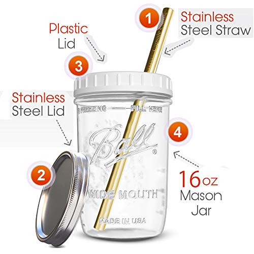 Reusable Wide Mouth Smoothie Cups Boba Tea Cups Bubble Tea Cups With Lids And Gold Straws Mason Jars Glass Cups (2-Pack, 16 Oz Mason Jars) Brand Capsule Classic #TOP1