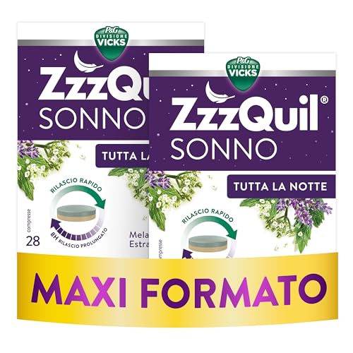 ZzzQuil Tutta La Notte Integratore Per il Sonno, Melatonina con Valeriana, Melissa e Vitamina B6, con rilascio prolungato di melatonina ed estratti botanici per 8 ore, 28 x 2 Compresse