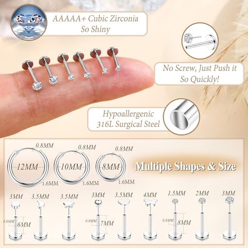 LOYALLOOK Threadless Flat Back Earrings 316L Surgical Steel Gold Cartilage Earrings for Women Men Hypoallergenic Small Hoop CZ Push in Flatback Stud Earrings 20G 18G Flat Back Nose Stud Tragus Helix Conch Piercing Jewelry2