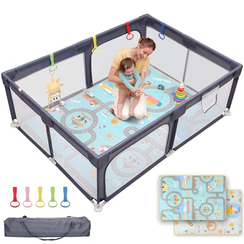 Image of Dripex Baby Playpen with Mat, 71 inchx47 inch Large Play Pen for Babies, Dark Grey | Included Waterproof Mat /Portable Bag / Pull up Rings, Breathable Visible Mesh, Easy Setup, Indoor /Outdoor Use