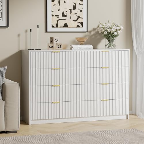 Image of Furniway White 8 Drawer Dresser for Bedroom, Modern Dresser with Smooth Slides, Wide Chest of Drawers with Golden Handles for Bedroom, Living Room, Closet, 15.7 inch D x 55 inch W x 37.4 inch H