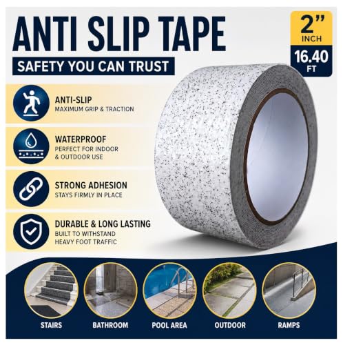 Image of Marble Pattern Anti-Slip Traction Tape - 2 inch x 16' (80 Grit), Waterproof Non-Slip Grip Tape for Indoor & Outdoor Stairs, Ramps, Ladders, Walkways - White Marble Finish, Heavy-Duty Adhesive