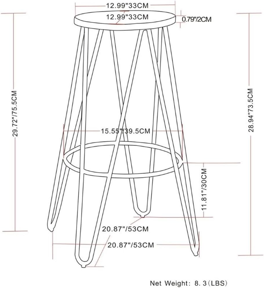 Pemberly Row Industrial Round Wood Top Bar Stool, 30 in Height, Solid Elm Wood Seat, Black Metal Hairpin Legs with Foot Rest, Natural and Black Finish, Versatile Kitchen or Bar Seating