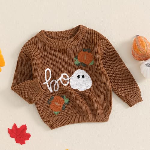 Little Boy Girl Halloween Sweater Pumpkin Ghost Print Crew Neck Long Sleeve Pullover Knit Tops for Winter Fall4