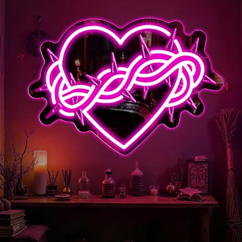 Image of Thorns Heart Neon Mirror Sign, Gothic LED Neon Sign Wall Decor USB Powered Dimmable Light for Bedroom Bathroom, Neon Signs for Wall Decor Gothic Gift 13.97 inch x 9.78 inch