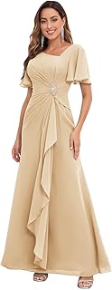 Chiffon Mother of The Bride Dresses with Sleeves V Neck Ruffles Beaded A Line Long Formal Wedding Guest Dress - Buy now