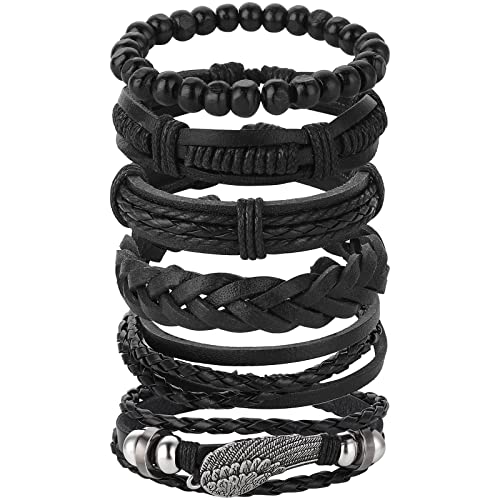 Yolev 6 Stück Armband Herren Punk Geflochtenes Armband für Männer Frauen Manschettenwickel Vintage Armbänder Längenverstellbare Lederarmbänder