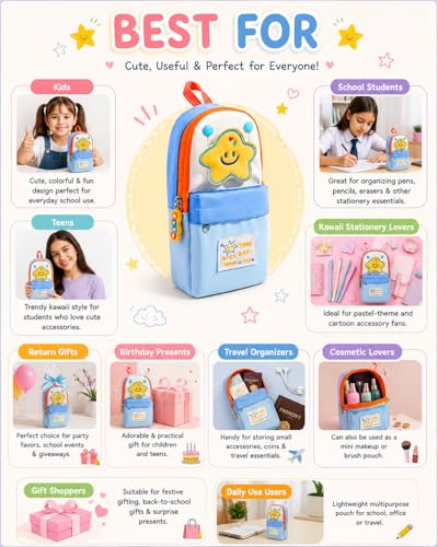 Image of Kawaii Cute Aesthetic Pencil Case for Students | Large Capacity Multi-Pocket Pencil Pouch with Zipper | Cartoon Stationery Organizer Bag for School, College & Office Supplies (Good Time - Blue)
