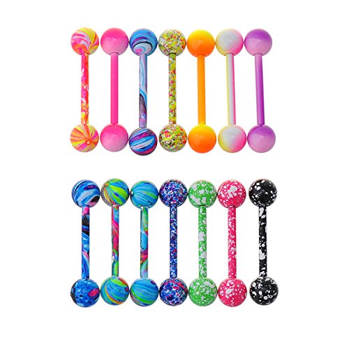 IPINK 14G Anodized Rainbow Surgical Steel Nipple Tongue Ring Barbell Body Piercing 14 Pieces