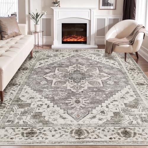 SERISSA Boho 8x10 Area Rugs, Washable Vintage Large Living Room Rug Non-Slip, Ultra Soft Oriental Print Distressed Farmhouse Earth Tone Carpet for Dining Room Bedroom Dorm Office Home Decor