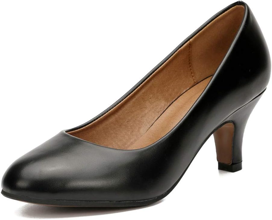Women's Classic Round Toe Pumps, Mid Kitten Heel, Office Dress Shoes