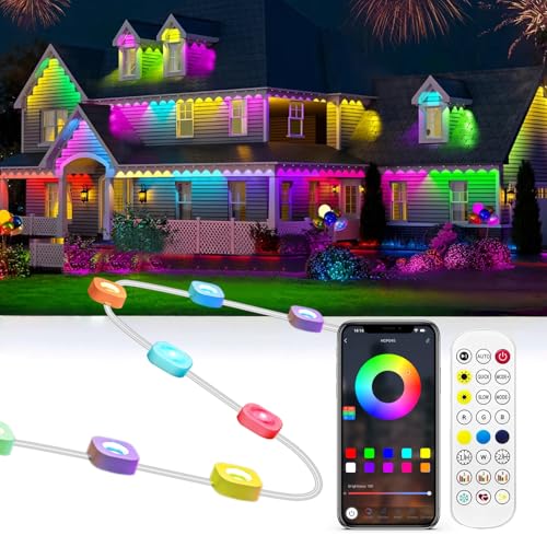 Image of Gaoxun 150ft Permanent Outdoor Lights, RGBW Smart Outdoor Lights for House with 54 LED, APP /Remote Control, 47 Scene Modes, Timer, IP67 Waterproof Eaves Lighting for Daily Holiday Christmas Decors