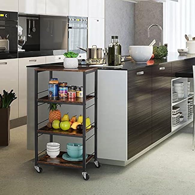 MOOACE Industrial Kitchen Rolling Cart with Wheels, 4-Tier Wood Cover Design Storage Snack Coffee Cart for Living Room, Bathroom, Office-gCCleQED