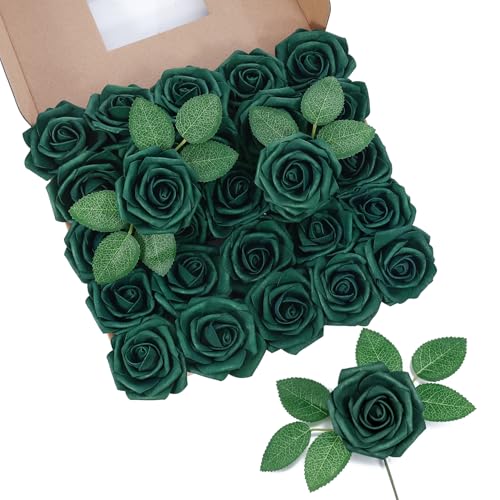 DuHouse 50Pcs Artificial Roses Flowers Fake Roses with Stems Real Touch Foam Flowers for DIY Wedding Bouquet Party Centerpiece Floral Arrangement Party Home Decor(Hunt Green)