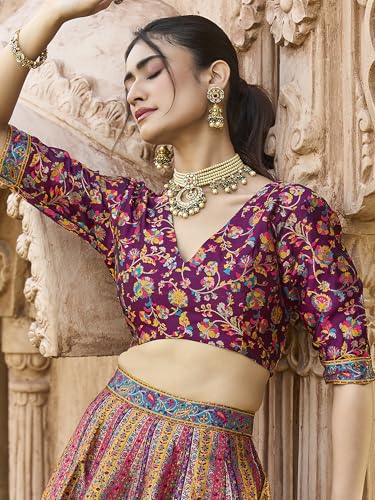 Image of PURVAJA Women's Jacquard Semi-Stitched Lehenga choli