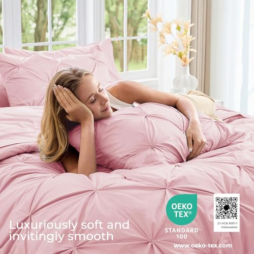 Image of Sasttie King Size Comforter Set, 7-Piece Bed in a Bag, Pintuck Bedding Sets for All Season, Includes Comforter, Flat Sheet, Fitted Sheet, Pillowcases and Pillowshams, Baby Pink