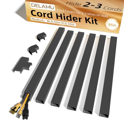 Delamu Black Cord Hider 85in Cord Covers for 2-3 Wires on Wall Self-Adhesive Cable Hider Wire Hiders Wire Covers for TV Cords on Wall Easy Mount Cable Cover Raceway Kit W0.95 H0.55in Black
