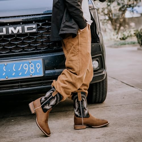 Cowboy Boots for Men Full Cowhide Leather Western Retro with Square Toe Hand Painted Classic Embroidered Resistant2