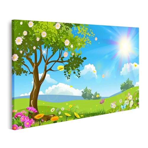 Soleil éclatant et prairie fleurie décoration murale nature image sur toile