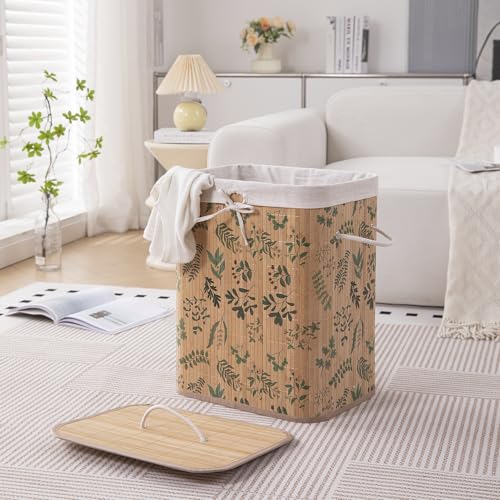 Image of HOKIPO Eco-Friendly Foldable Bamboo Laundry Basket Hamper with Lid, Large - 60 Liter, Fern Leaves (AR-5753), Multicolour