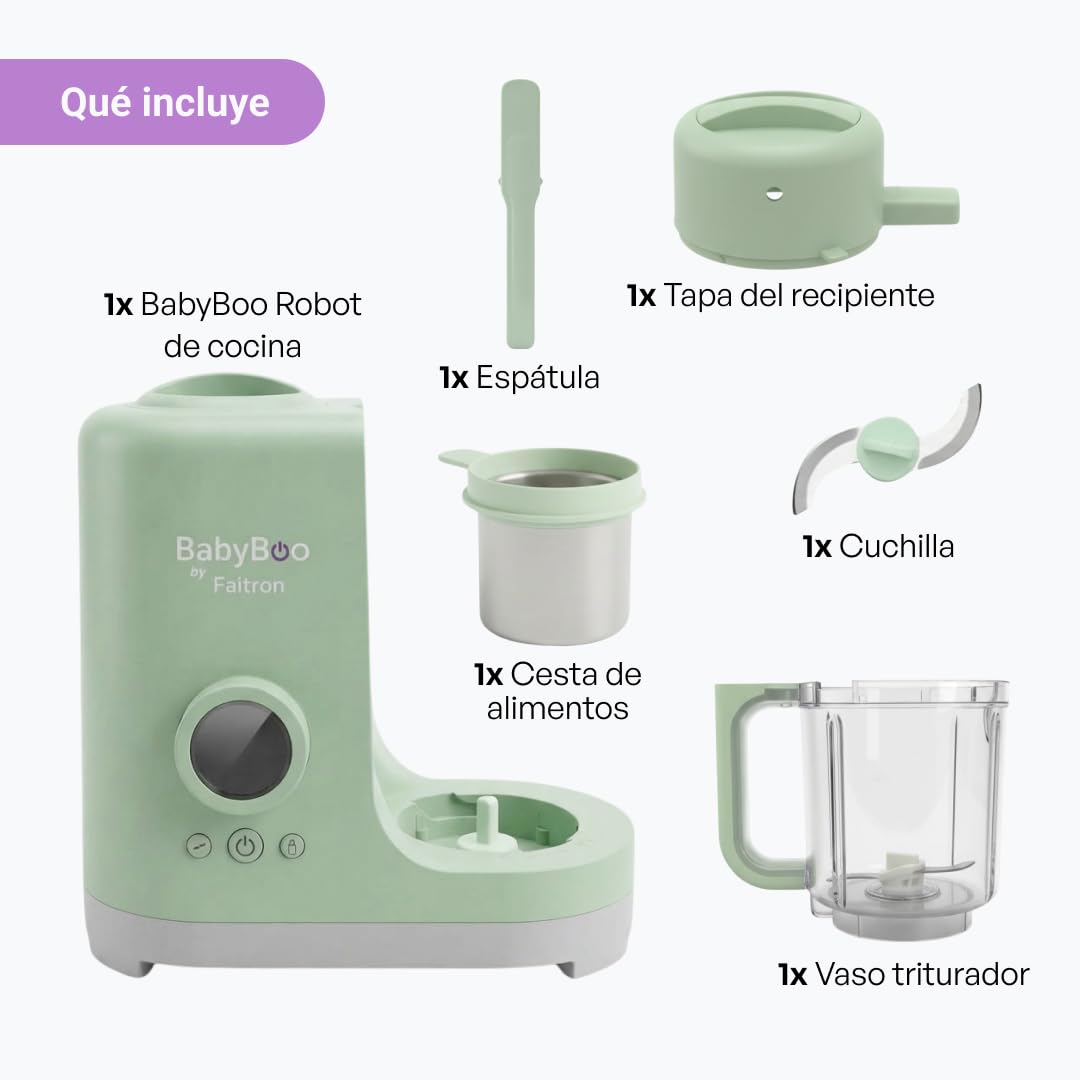 BabyBoo Robot de Cocina para Bebés 7 en 1 - Cocina al Vapor y Tritura en 20 Minutos, Potente 300W, Calientabiberones y Esterilizador, Vaso de Tritan, Cesta de Acero Inoxidable, Pantalla Digital