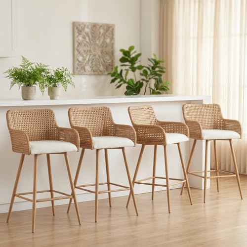 Butacos de altura para barra, set de 4, modernos con tapizado en bouclé y patas de metal, para isla de cocina o comedor, color beige blanco miniatura 1