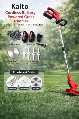 Image of KAITO 21V Cordless Electric Grass Cutter | Portable Lawn Trimmer & Weed Cutter | 25cm Cutting Width | Adjustable Height | Lightweight 1.5kg Design for Home & Yard | with Battery & Charger Orange