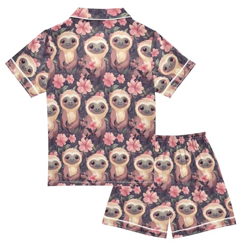 ALAZA Cute Monkey Blossom Flower Satin Pajamas Set Short Sleeve Button Down Sleepwear Summer Pjs 2 Piece2