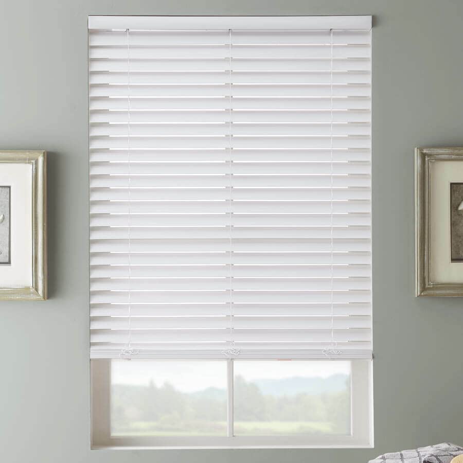 Faux Wood Venetian Blinds with Strings 50mm Slats White Trimmable Fauxwood Easy Installation Indoor Blind with Fitting Pack Drop 150cm (90cm x 150cm)