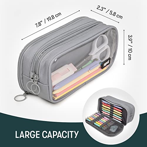 Image of ZIPIT Half & Half Pencil Case, 3 Compartment Zipper Pouch for School, Stationery Bag for Teen Girls Boys and Adults, Grey