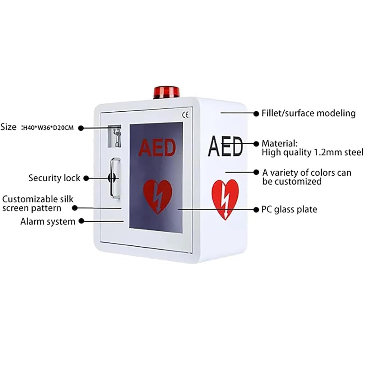 Armario para desfibrilador externo automático (DEA) con cerradura y alarma | Almacenamiento de desfibrilador de primeros auxilios para montaje en pared | Diseño seguro con esquinas redondeadas para