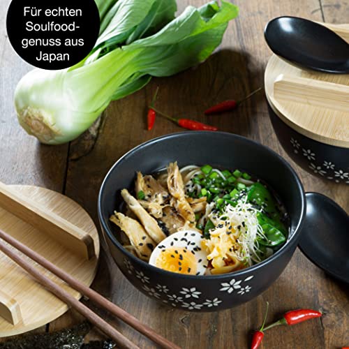 Moritz & Moritz 4x Ramen Schüssel Keramik - 600 ml - 15 cm Ø - Schwarzes Ramen Bowl Set für 4 Personen - Für Suppe, Pho und Sushi Bowl - Inkl. Stäbchen, Deckel und Löffel 4