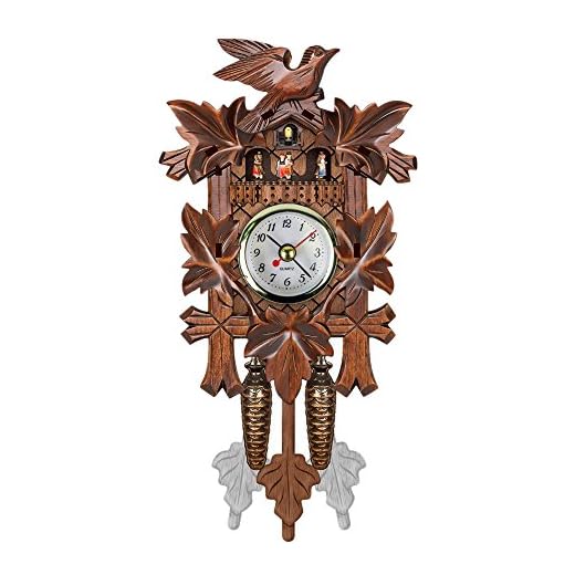 Cuckoo Wall Clock, Chiming Classic Brown Hanging Bird Clock Cuckoo Bird Voices Call Wall Art Vintage Wooden Design for Family Living Room Office Decoration