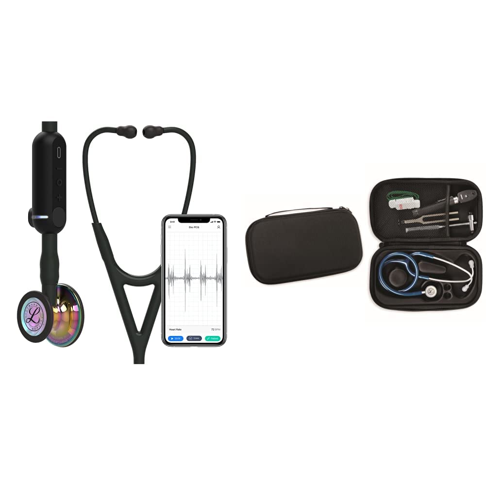 3M Littmann CORE Stetoscopio digitale, 8572, testina arcobaleno lucida, tubo nero, 69 cm + GIMA ASTUCCIO PORTA FONENDO, Nero, Uso Professionale