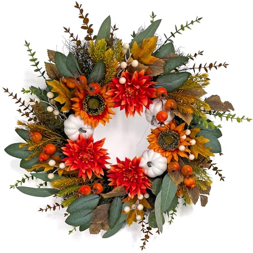 EKIRD 24 Inch Fall Wreath for Front Door with Dahlia