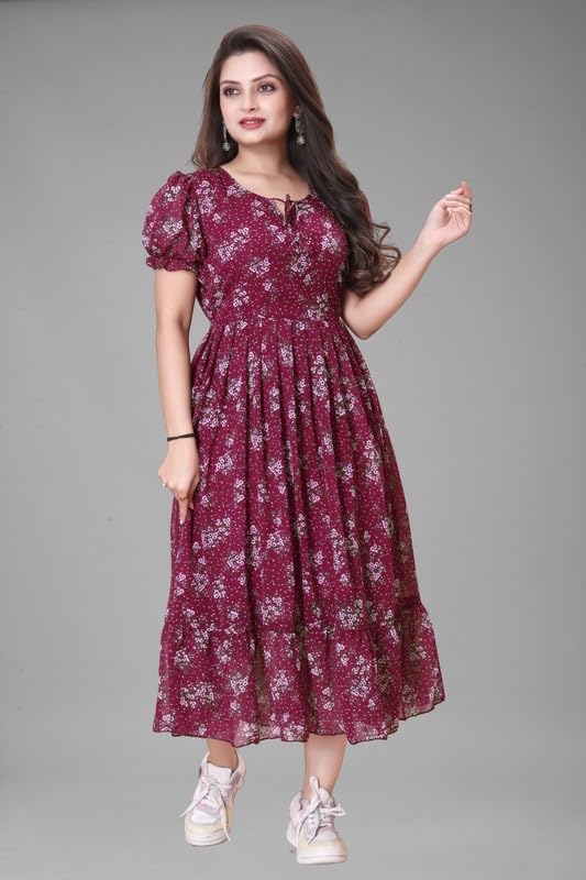 Image of Women's Printed Georgette Regular Fit Round Neck Short Sleeve Fancy Flare Long Dress