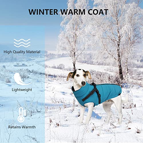 Geyecete Winter Warm Coat Waterproof Jacket with Harness Traction Belt,Pet Outdoor Jacket for Medium, Small Dogs - Blue - Image 5
