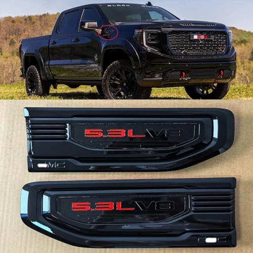 Image of 2pack OEM 2019-2026 5.3L V8 Vent Emblem Right Left 3D Nameplate Badge Replacement for Sierra 1500 85160715 86532087 (Gloss Black Red)