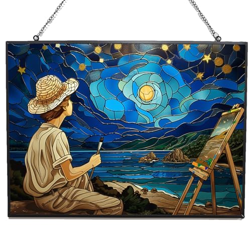 365CUSGIFTS Rectangle Young Artist Hand Painting Stained Glass Window Hanging Customized Suncatcher Glass Panel with Metal Chain Sun Catchers Wall Art Home Decor Gift for Women Mother's Day