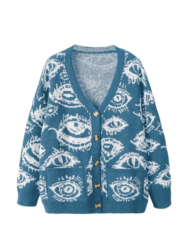 SHENHE Women's Plus Size Button Down Eye Print Goth Cardigan Grunge Punk Sweater Outerwear