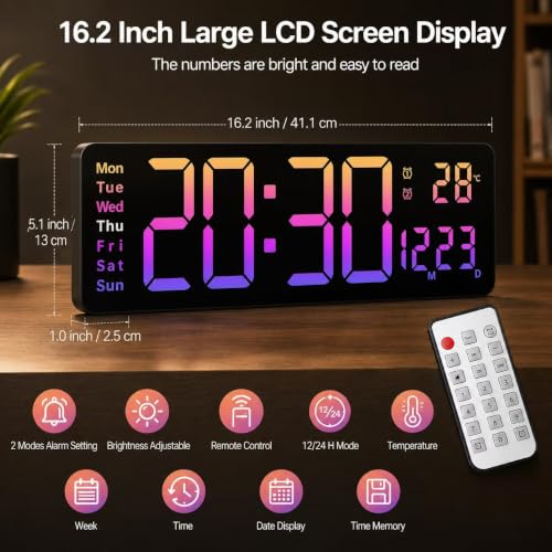 Morwealth 16" Grande Horloge Murale numérique, Horloge numérique LED luminosité réglable avec télécommande,Timing et Compte à rebours avec Date/Semaine/température pour Chambre,Salon (Rose) – vue 7