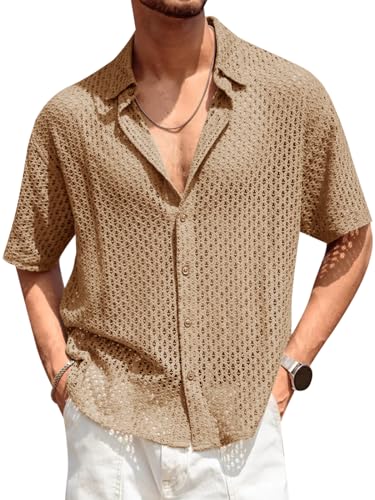 Amazon.com: Runcati Mens Button Down Shirt Knit Crochet Hollow Out