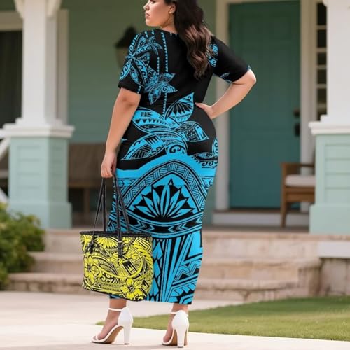 Image of Puletasi Samoan Traditional 2 Piece Outfits for Women Short Sleeve Crop Top and Maxi Skirt Sets Puletasi Dress