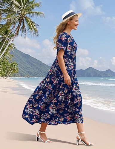 Image of YESNO Women's Summer Maxi Dresses Casual Floral Short Sleeve V Neck Boho Beach Vacation Swing Dress with Pockets EVF
