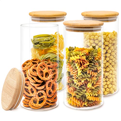 LG Luxury & Grace Set 4 Glass Jars, 1.45 L (23x10 cm). Kitchen Jars with Bamboo Lids. Food Storage Containers with Silicone Ring. Kitchen Storage with Labels and Markers.