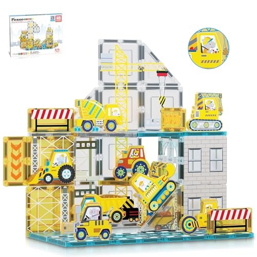 PicassoTiles Magnet Tiles Magnetic Building Blocks with 8 Construction Vehicles Crank Truck Excavator Bulldozer Road Roller Concrete Mixer Tractor Dump Truck Forklift Toys Learning Kids Ages 3+ PTQ11