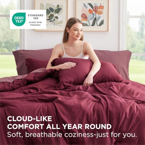 Image of Bedsure King Size Comforter Set - 7 Pieces Burgundy King Bedding Set for All Seasons, Boho Contrasting Design Bed in a Bag with Comforter, Sheets, Pillowcases & Shams