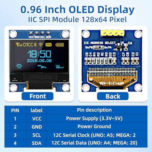 Image of 5 Pcs 0.96 Inch OLED Display Module, 128x64 Pixel I2C SSD1306 Luminous OLED Screen Board Compatible with Arduino Raspberry Pi ESP32(Blue and Yellow)
